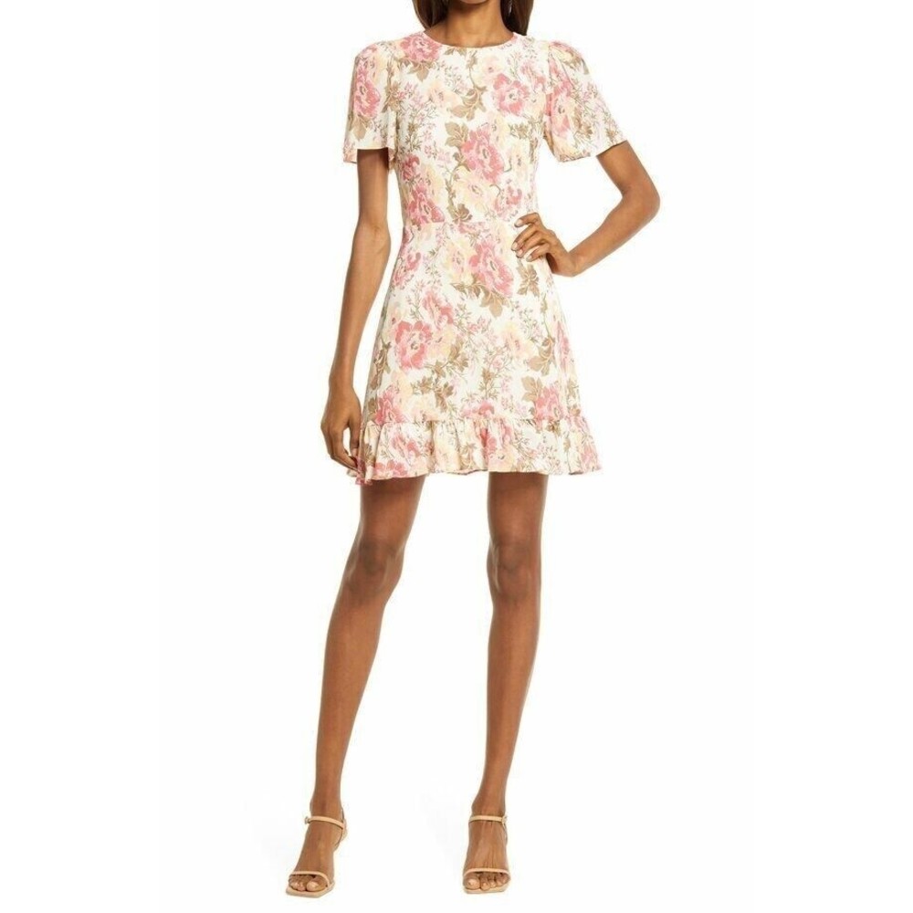 Reformation Beesley Farrah Dress Size 12 Floral Cream Pink Mini Ruffle Zip Back
